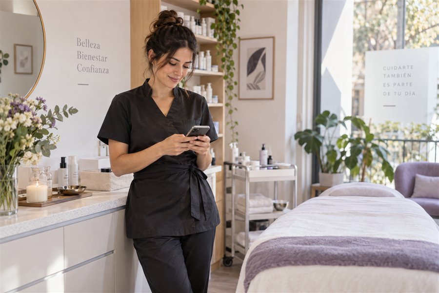 Profesional de estética atendiendo consultas desde el celular