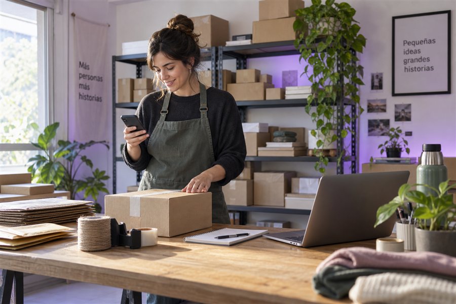 Emprendedora de ecommerce atendiendo consultas mientras prepara pedidos