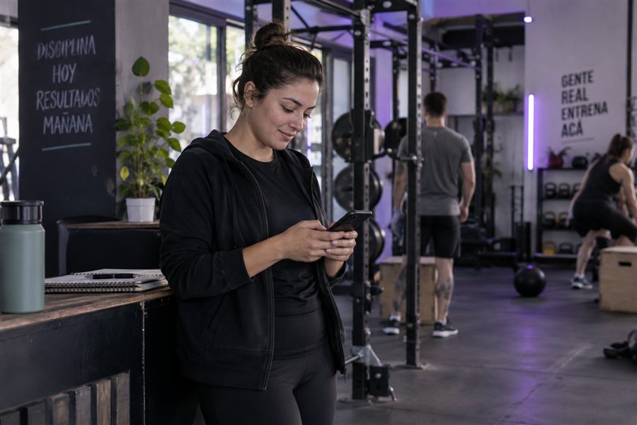 Responsable de un gimnasio atendiendo consultas desde el celular